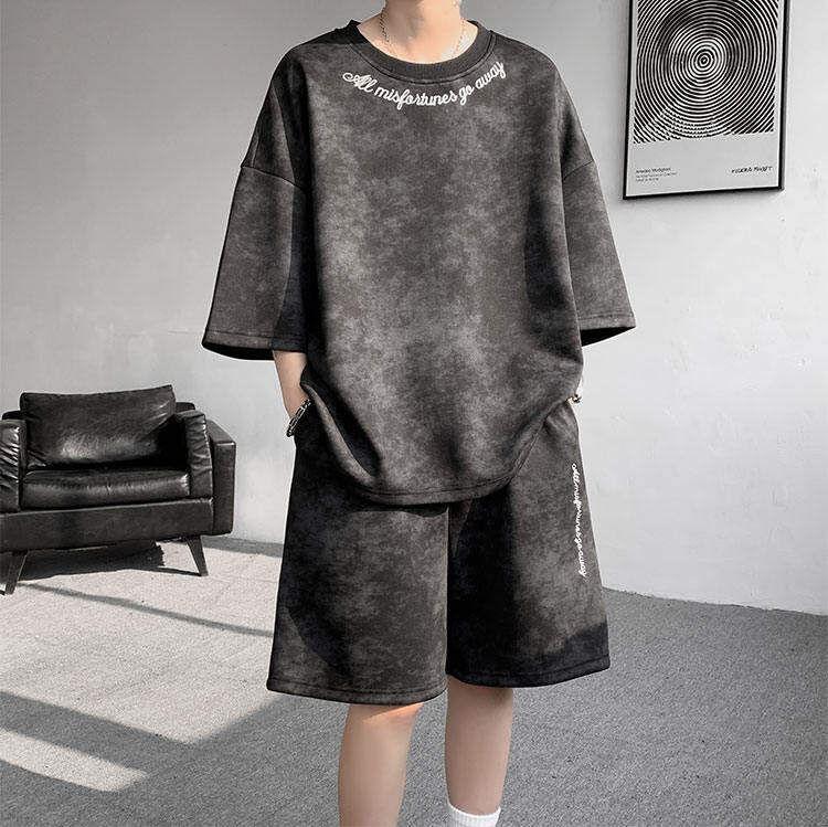 Set: Short Sleeve Round Neck Lettering Embroidered Tie Dye T-Shirt + Elastic Waist Sweat Shorts Product Image