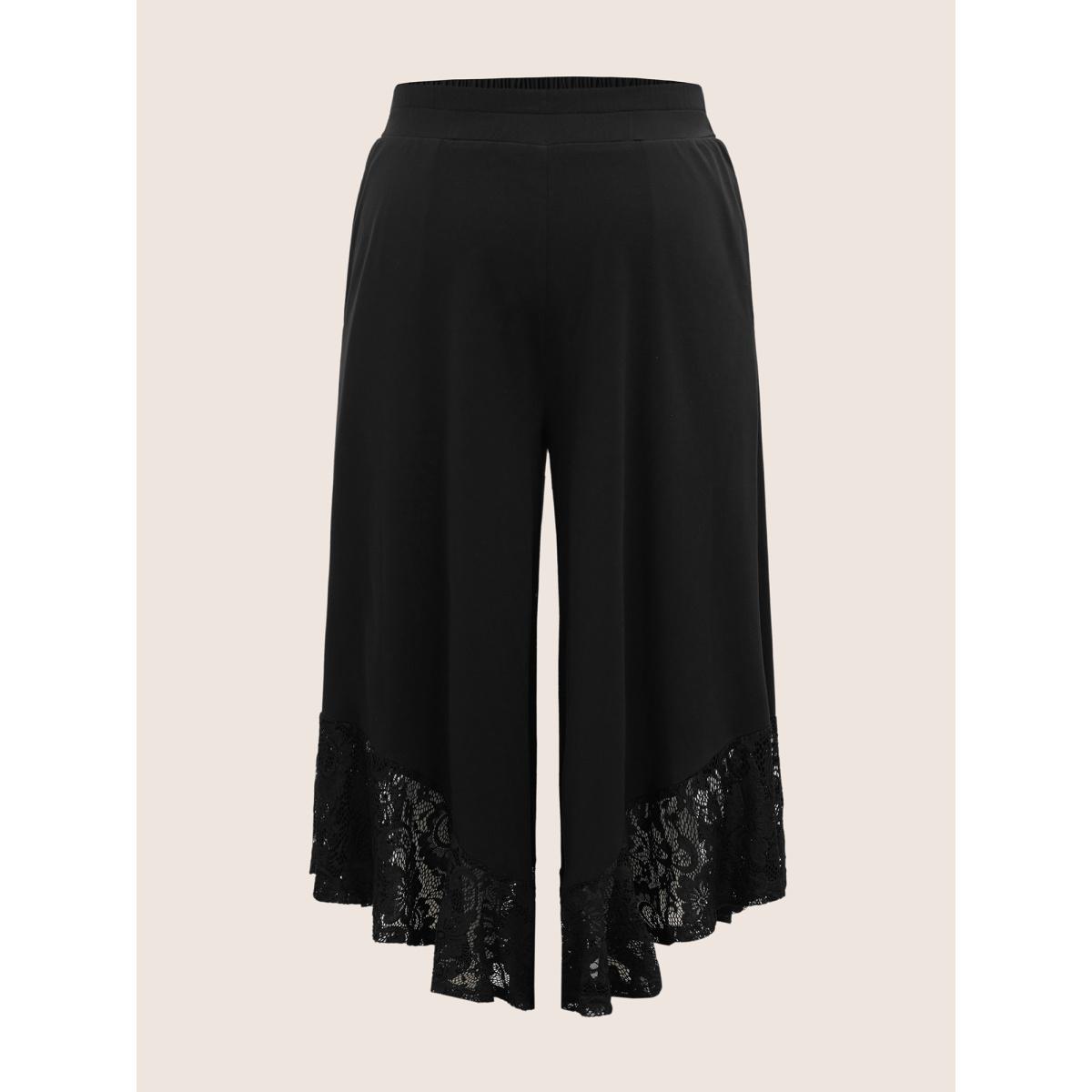 Plus Size Lace Patchwork Mesh Wide Leg Cropped Pants Women Black Resort Wide Leg Mid Rise Vacation Pants BloomChic 14-16/1X Product Image