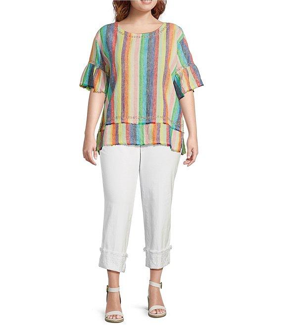 John Mark Plus Size Embroidered Yarn-Dye Stripe Crew Neck Short Ruffle Hi-Low Hem Top Product Image