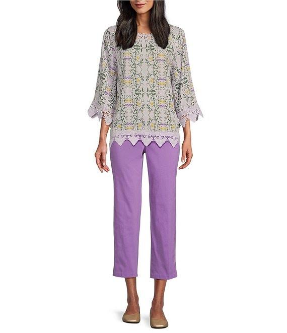 Allison Daley Trellis Floral Print 3/4 Sleeve Crew Neck Lace Detail Blouse Product Image