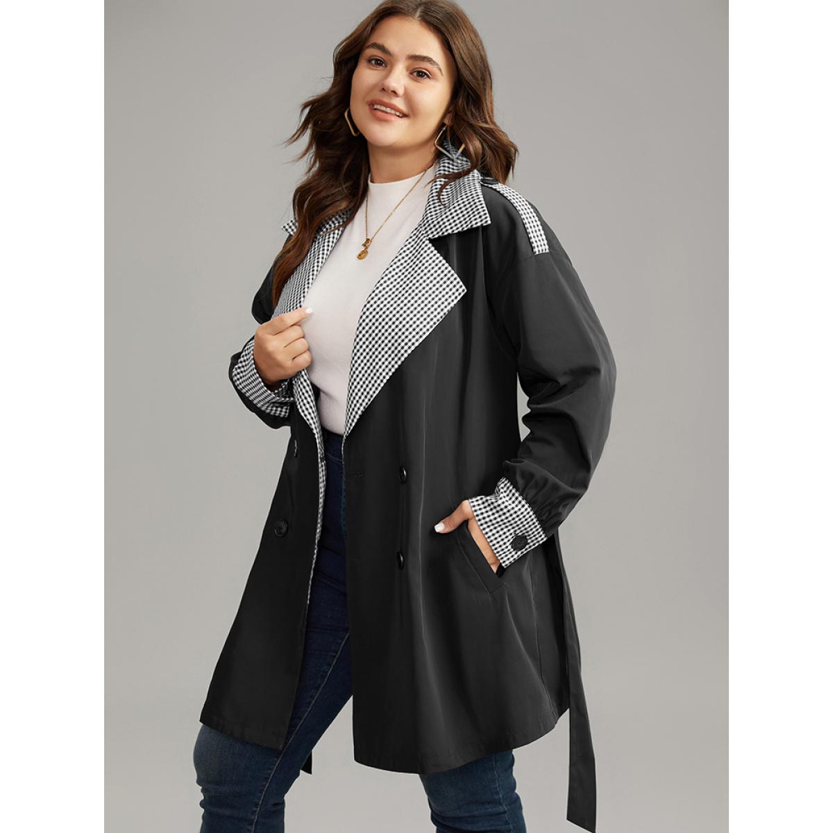 Plus Size Gingham Patchwork Belted Pocket Coat Women Black Casual Belted Ladies Dailywear Winter Coats BloomChic 12/L Product Image