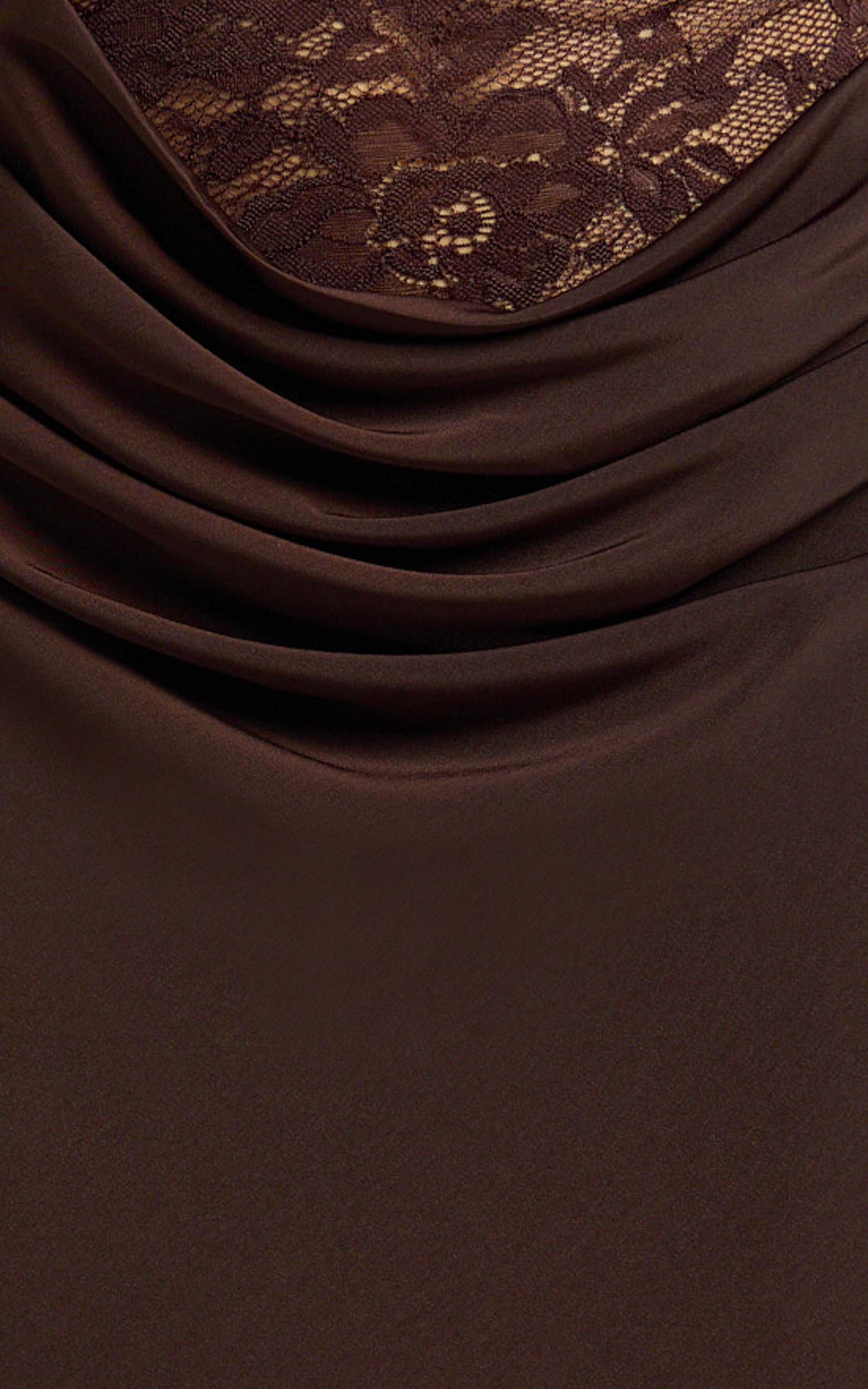 Rania Maxi Dress - Contrast Lace Bodice Bias Cowl Drop Waist Dress in Chocolate Product Image