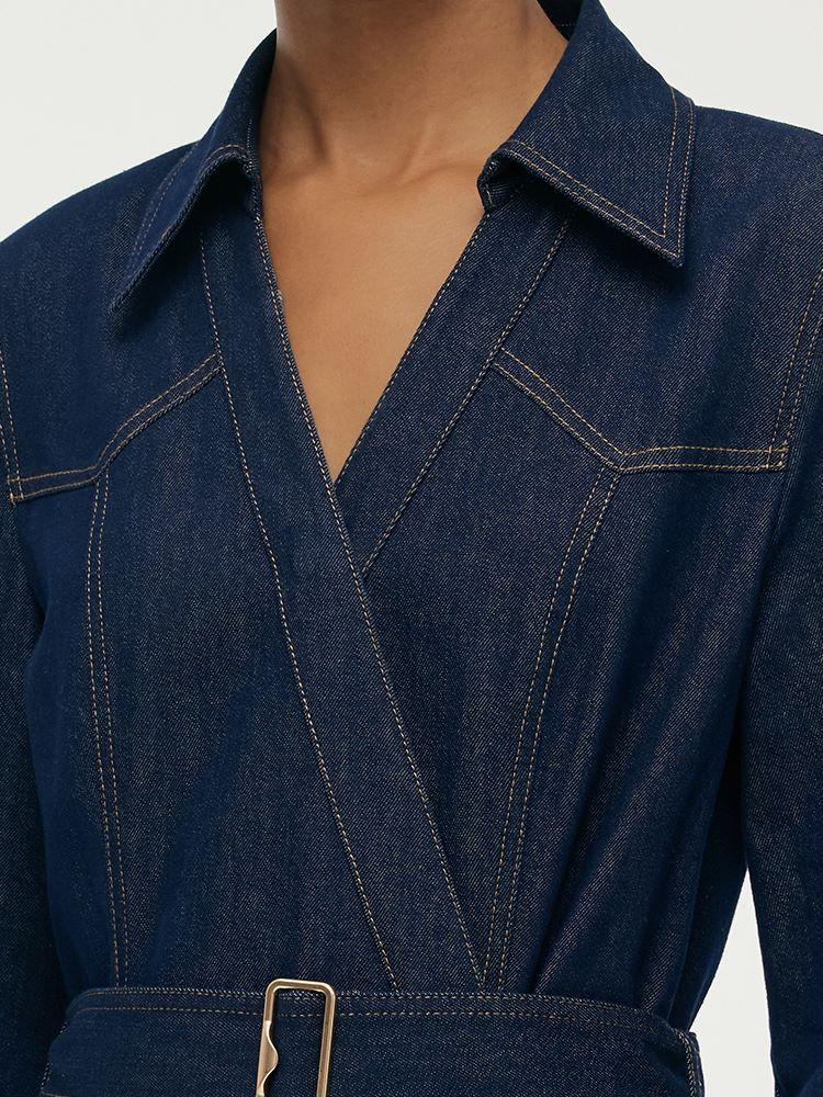 Denim Lapel Women Midi Dress With Belt Product Image