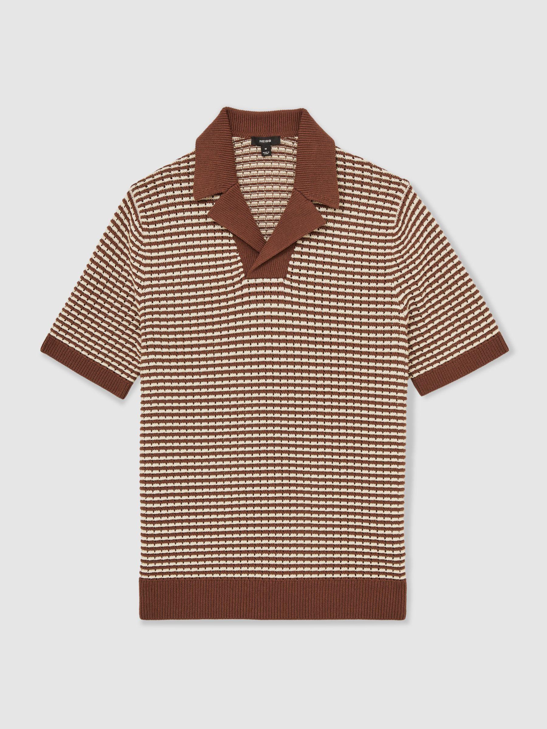 Cotton Textured Knit Stripe Polo Shirt in Tobacco Brown/ Off White Product Image