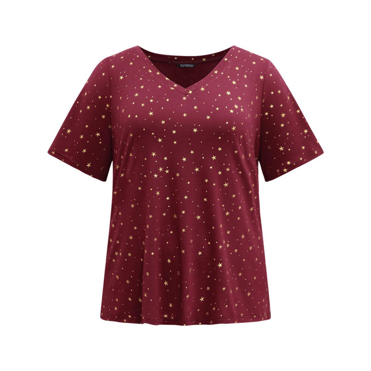 Plus Size Star Polka Dot V Neck T-shirt Burgundy Women Elegant Contrast Moon and Star V-neck Dailywear T-shirts BloomChic 22-24/3X Product Image