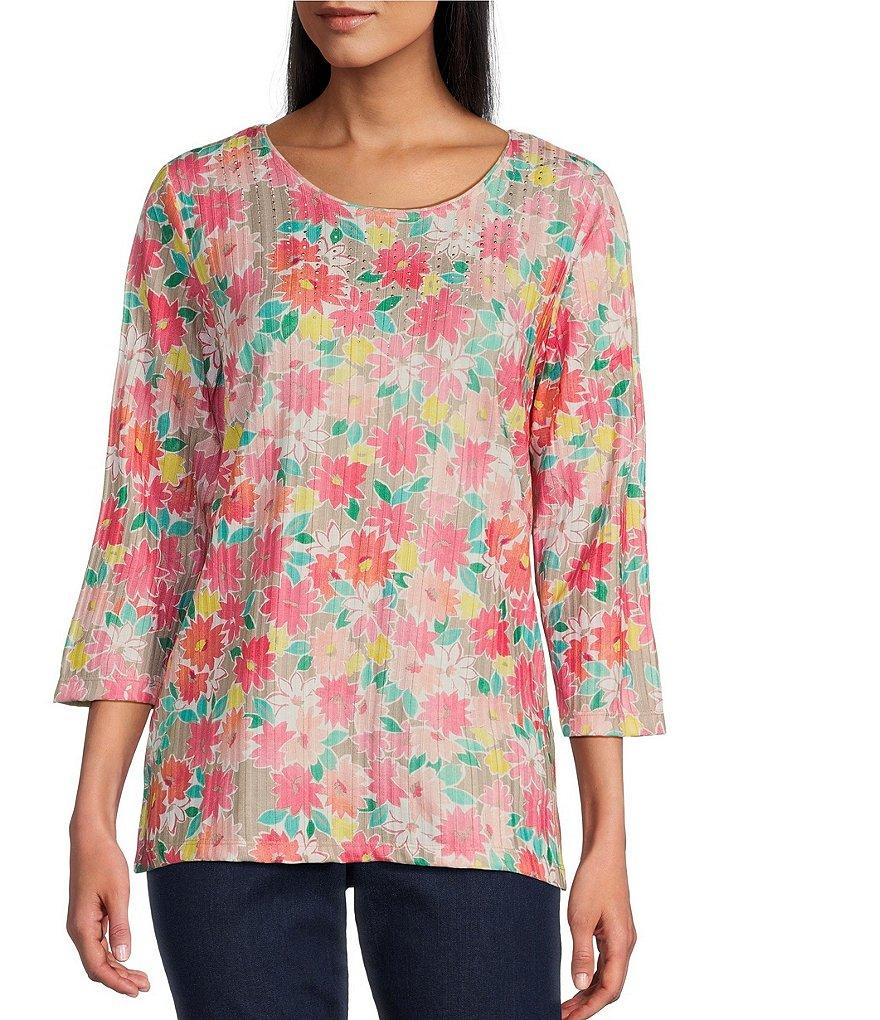 Allison Daley Petite Size Embellished Cheerful Daisy Print 3/4 Sleeve Crew Neck Knit Top Product Image