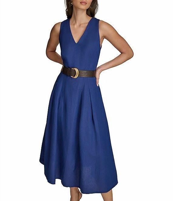 Donna Karan V-Neck Sleeveless Belted Linen A-Line Midi Dress Product Image