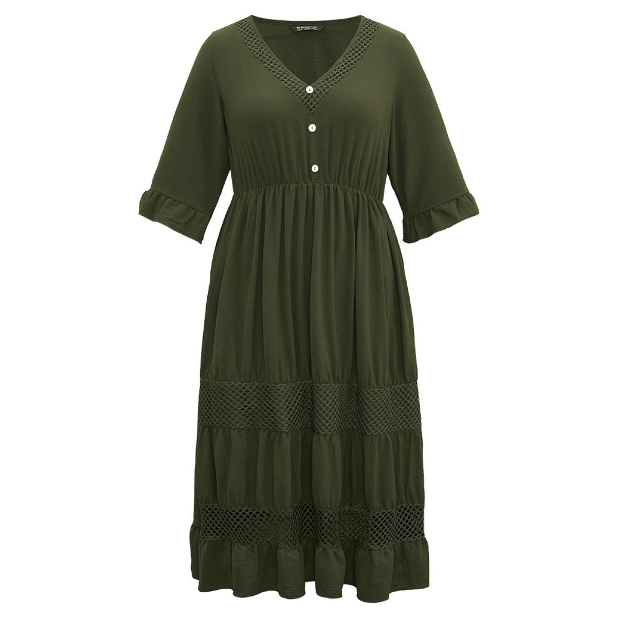 Plus Size Plain Ruffles Patchwork Button Detail Cut Out Dress ArmyGreen Women Vacation Plain V-neck Elbow-length sleeve Curvy Midi Dress BloomChic 28/5X Product Image