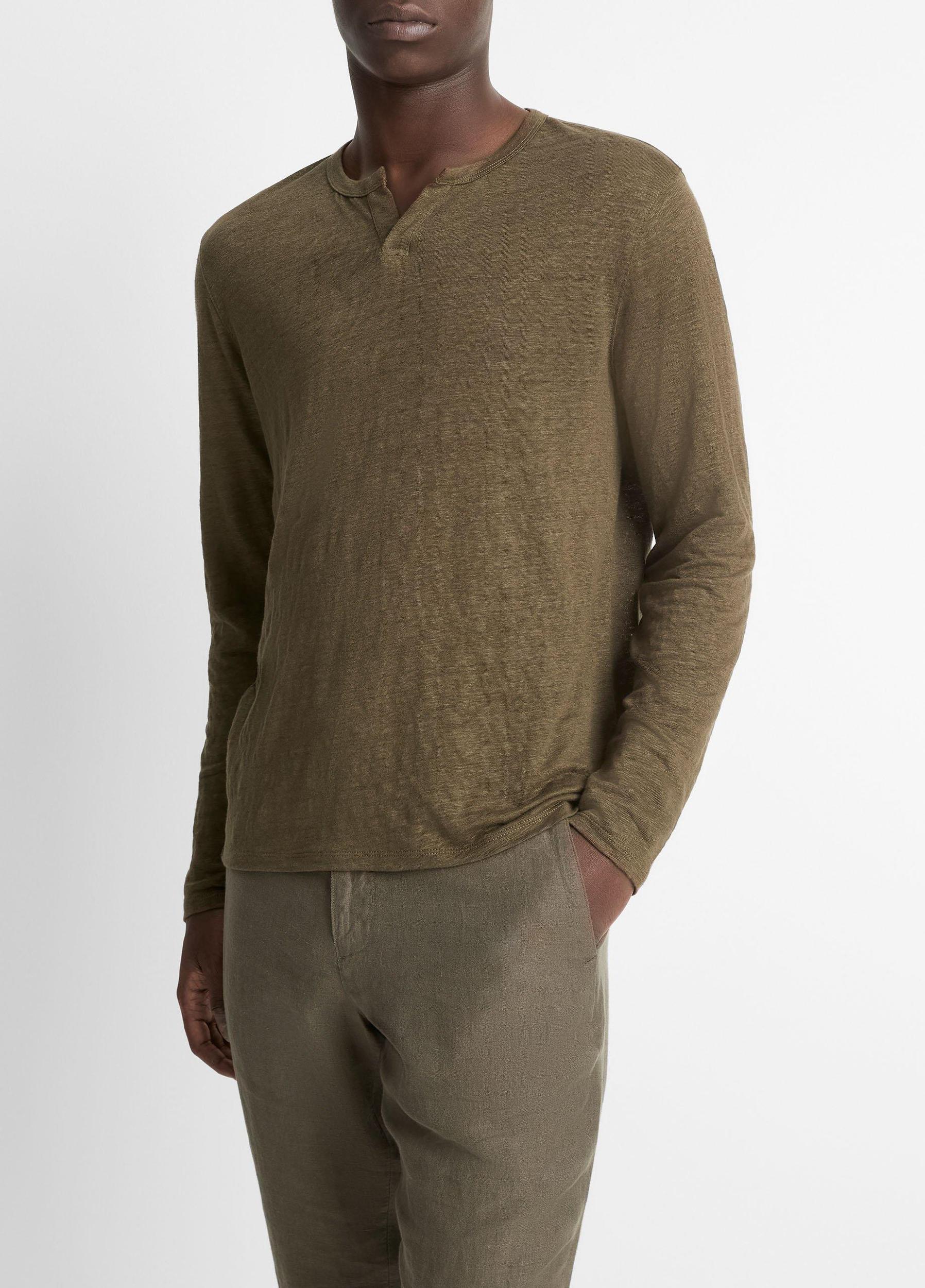 Linen Long-Sleeve Split-Neck T-Shirt Product Image