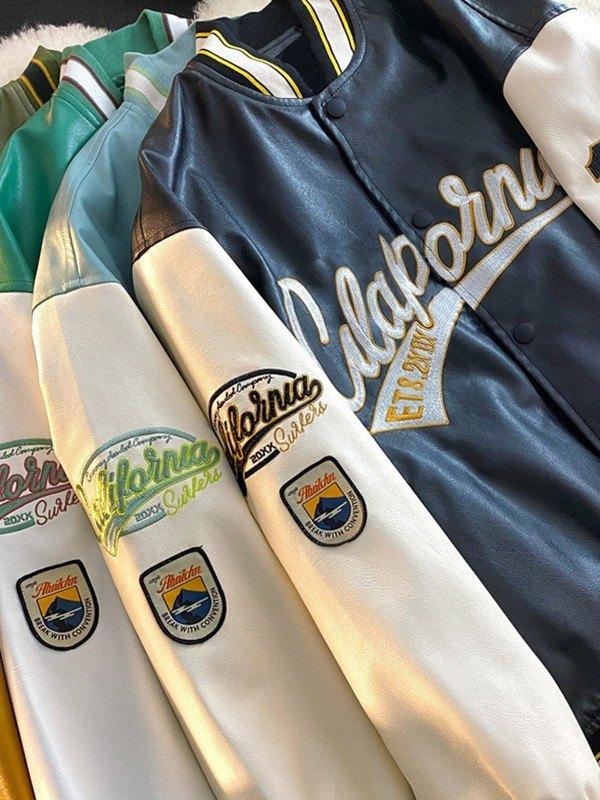 Men's Embroidered Pu Leather Varsity Jacket Product Image