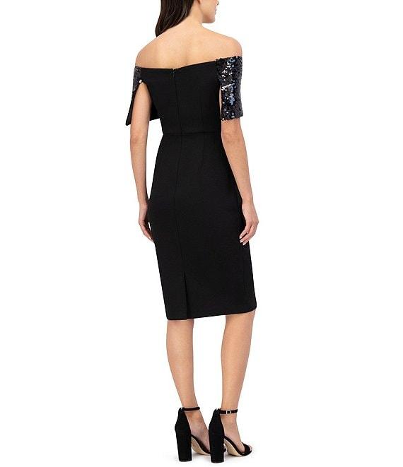 Vince Camuto Crepe Sequin Sheath Fold Over Off the Shoulder Short Sleeve Ruched Dress Product Image