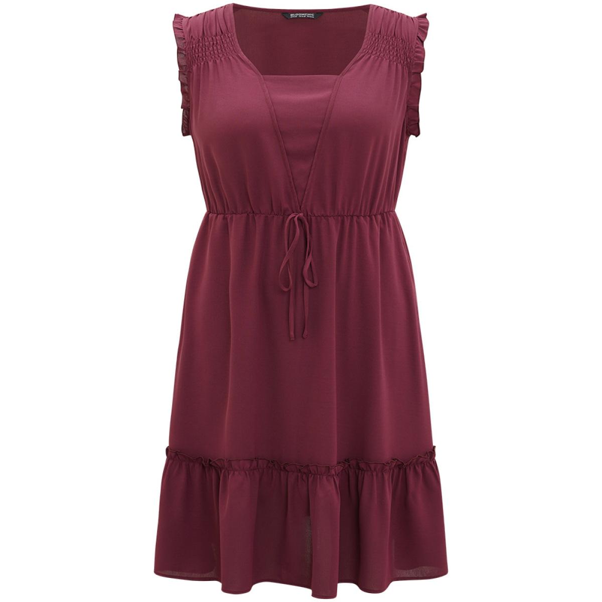Plus Size Plain Frill Trim Gathered Ties Square Neck Tank Dress Burgundy Women Elegant Plain Square Neck Sleeveless Curvy Midi Dress BloomChic 12/L Product Image