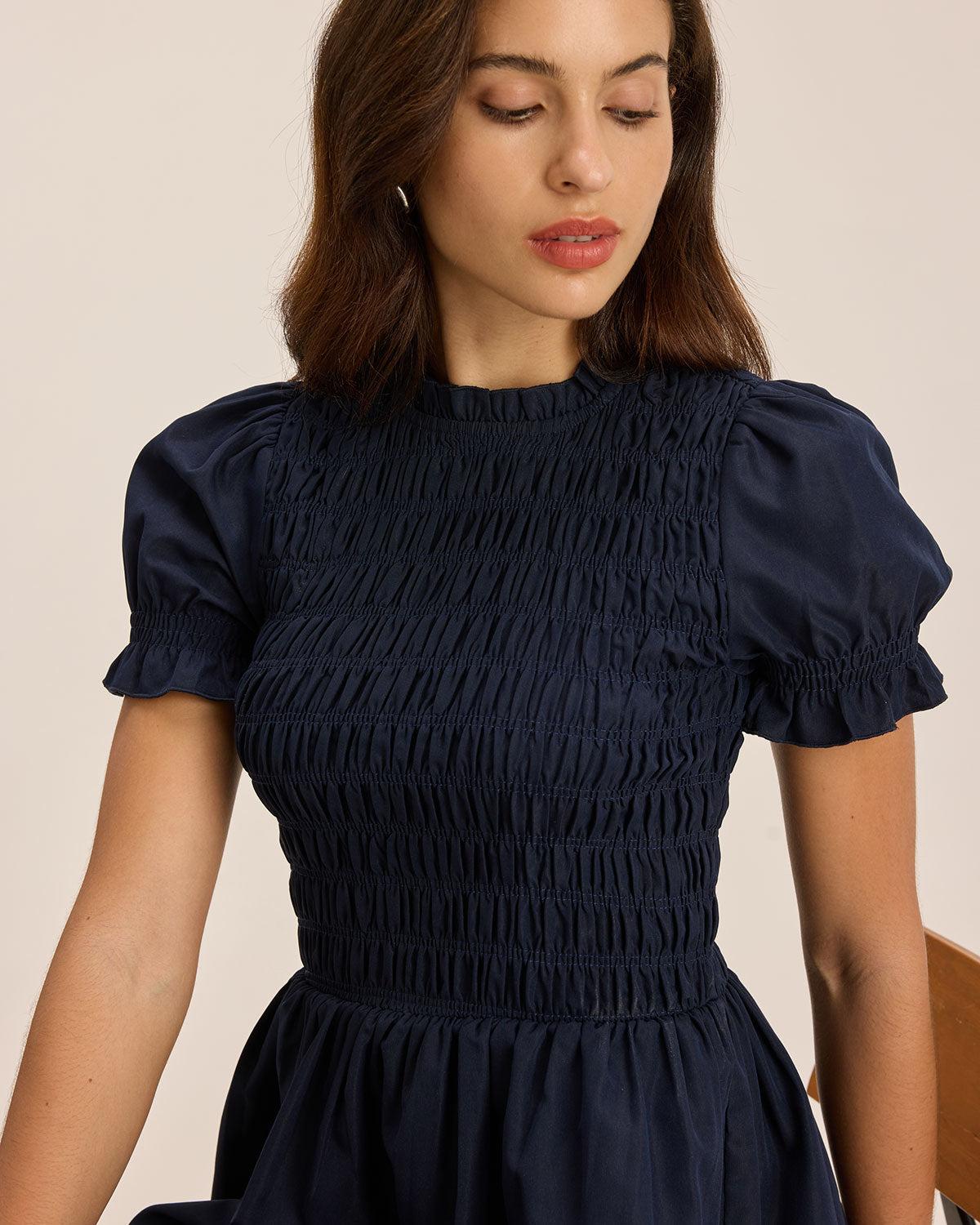 Blue Shirred Puffed Sleeve Mini Dress Product Image