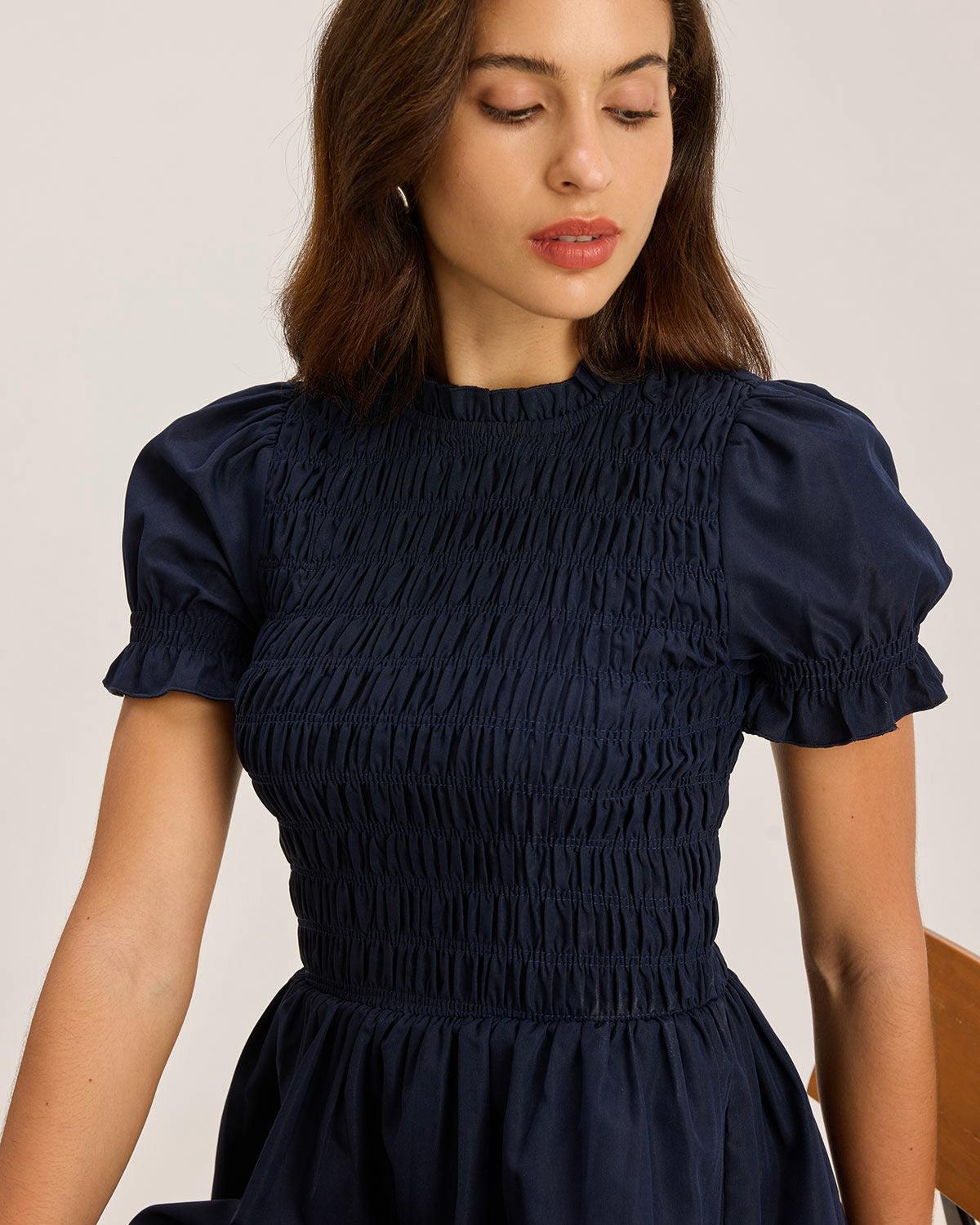 Blue Shirred Puffed Sleeve Mini Dress Product Image