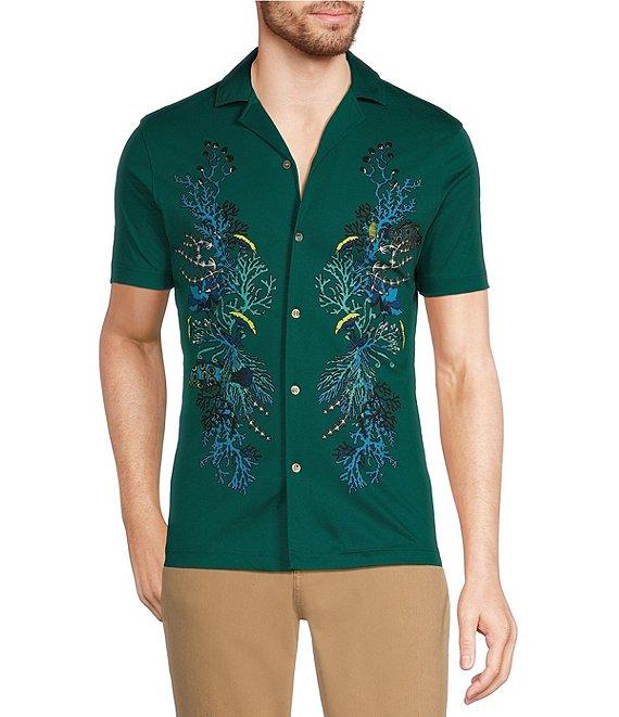 Murano Shape of Water Collection Slim Fit Placed Print Short Sleeve Woven Camp Shirt Product Image