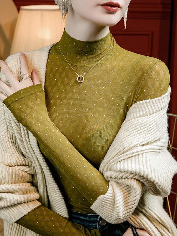 Long Sleeves Plus Size Rhine Stones See-Through Split-Joint Mock Neck T-Shirts Tops Product Image