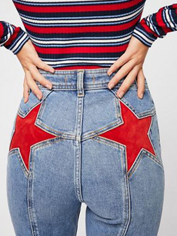 Back Star Patchwork Flare Jeans Product Image