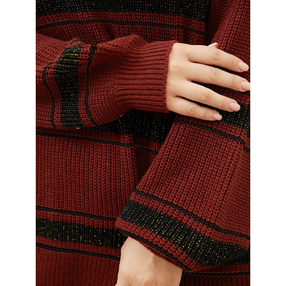 Plus Size Striped Contrast Pointelle Knit Lantern Sleeve Round Neck Knit Top Scarlet Women Casual Loose Long Sleeve Round Neck Dailywear Pullovers BloomChic 18-20/2X Product Image