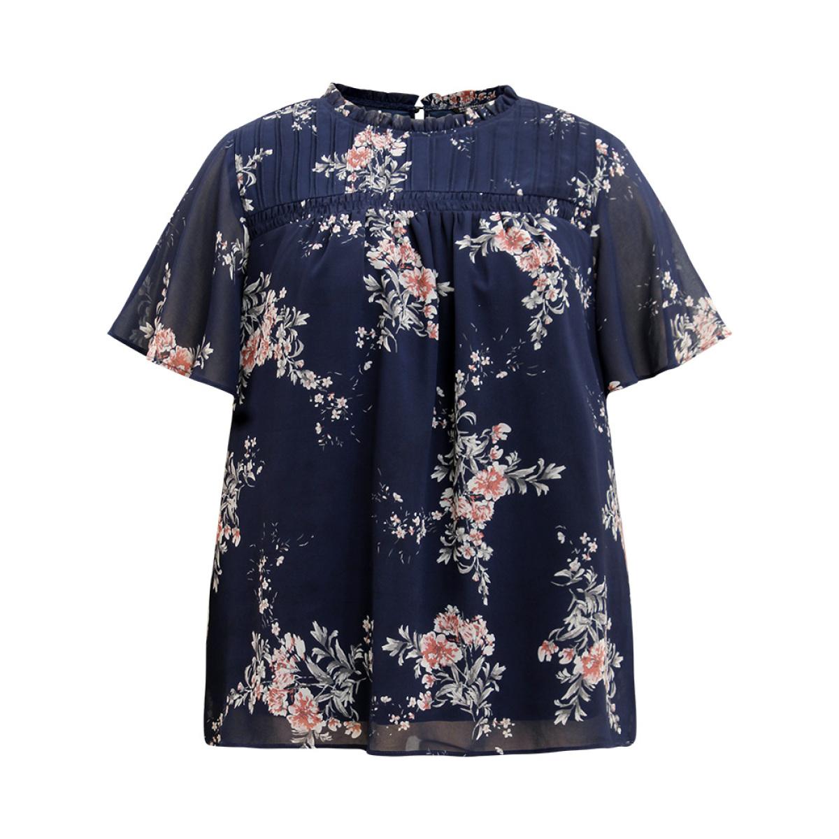 Plus Size Indigo Floral Print Frill Trim Shirred Flutter Sleeve Blouse Women Elegant Short sleeve Round Neck Dailywear Blouses BloomChic 26/4X Product Image