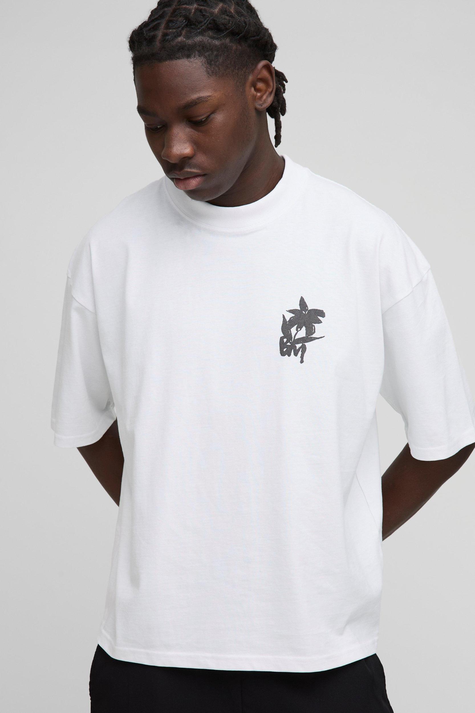 Oversized Boxy Extended Neck Floral Flock Print T-Shirt | boohooMAN USA Product Image