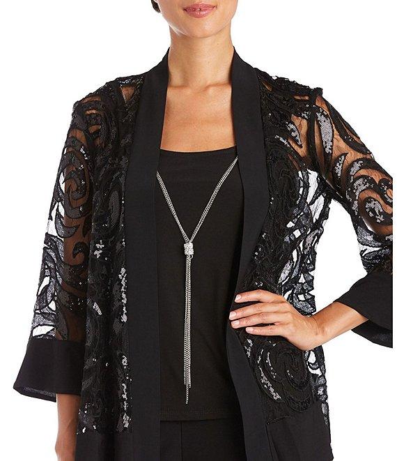 R & M Richards Swirl Sequin Scoop Neck 3/4 Sleeve Jacket 3-Piece Set Product Image