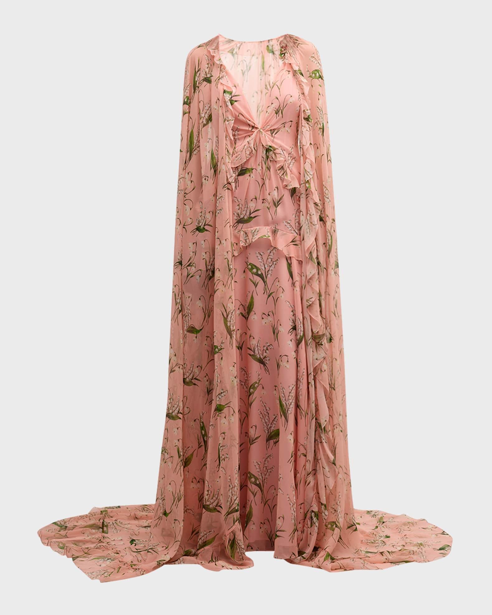 Plunging Floral-Print Ruffle Cape Gown Product Image