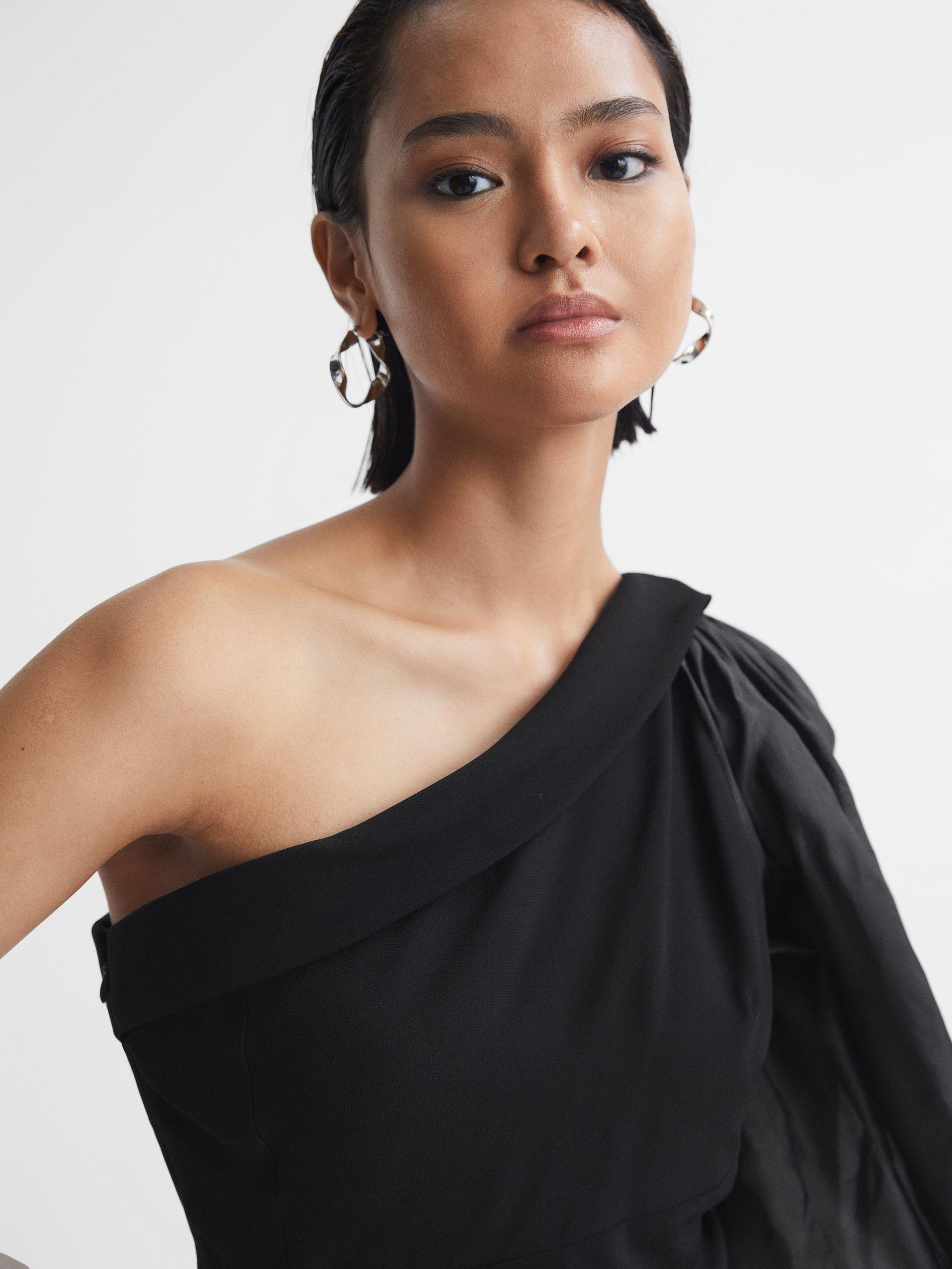 One-Shoulder Blouson Sleeve Ruche Top in Black Product Image