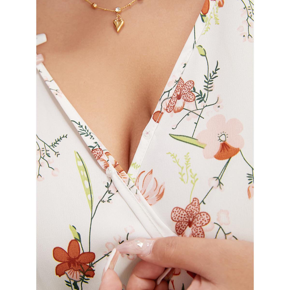 Plus Size White Floral Print Ruffles Flounce Sleeve Surplice Neck Blouse Women Elegant Short sleeve V-neck Dailywear Blouses BloomChic 10/M Product Image