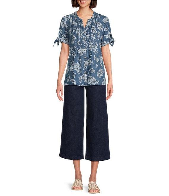 Allison Daley Petite Size Blooming Flowers Print Short Tie Sleeve Y-Neck Button Front Pintuck Blouse Product Image