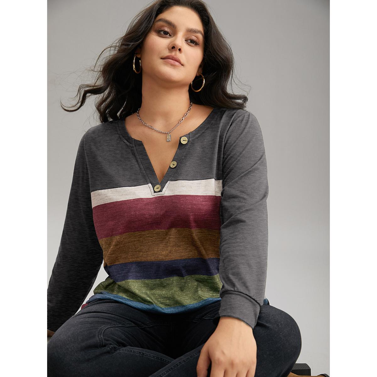 Plus Size Colorblock Contrast Notched Button Detail T-shirt Gray Women Casual Contrast Striped Notched collar Dailywear T-shirts BloomChic 28/5X Product Image
