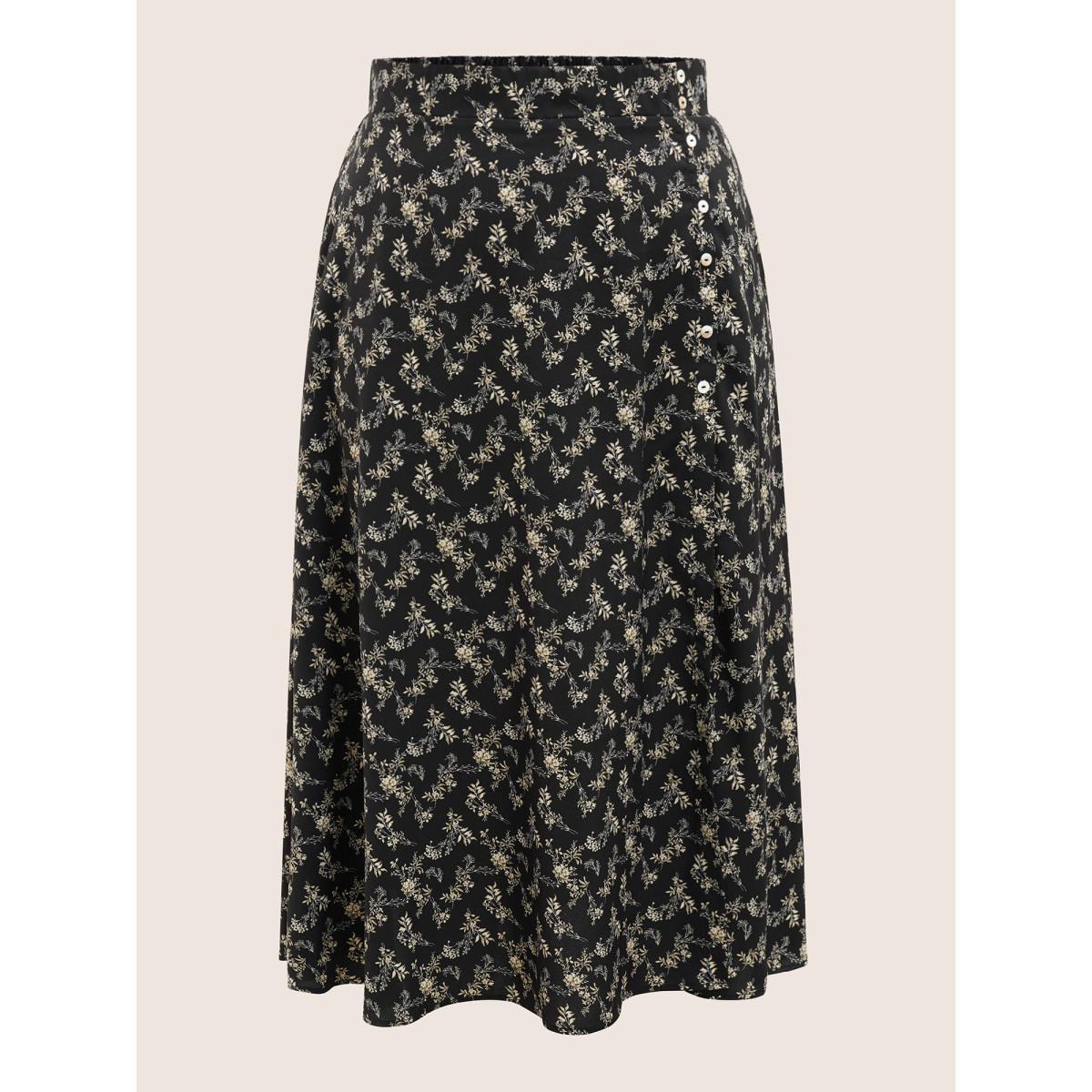 Plus Size Ditsy Floral Split Side Pocket Button Detail Skirt Women BlackFlower Elegant Slit No stretch Slanted pocket Everyday Skirts BloomChic 30/6X Product Image
