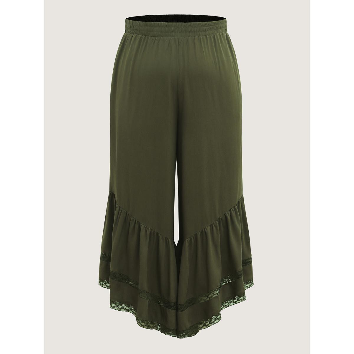 Plus Size Ruffled Lace Hem Wide-Leg Pants Women ArmyGreen Loose Mid Rise Vacation Pants BloomChic 14-16/1X Product Image
