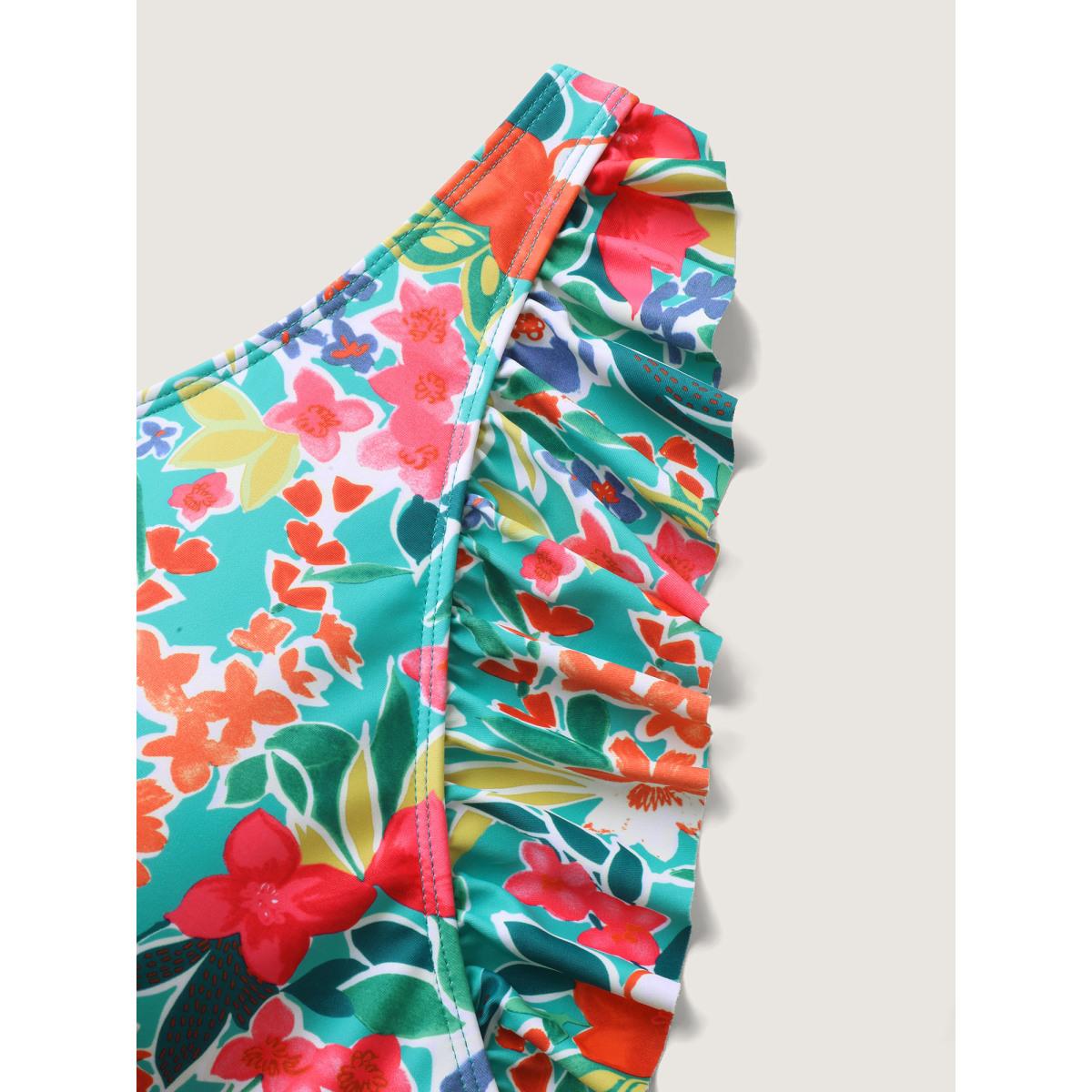 Plus Size Anti-Float Tie Ruffled Floral Swim Dress Women's Swimwear Malachitegreen Resort Bodycon Overlap Collar High stretch Curve Swim Dresses BloomChic 18-20/2X Product Image