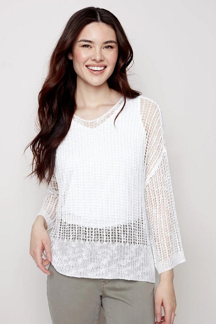 Fishnet crochet 3/4 sleeve dolman top Product Image