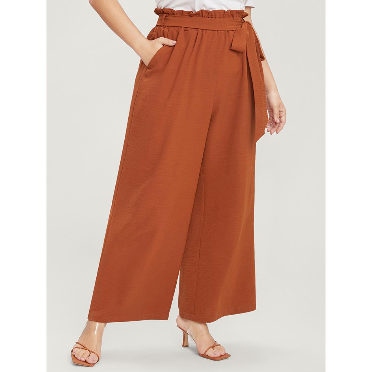 Plus Size Plain Paperbag Waist Wide Leg Belted Pocket Pants Women Rust Casual Mid Rise Dailywear Pants BloomChic 28/5X Product Image