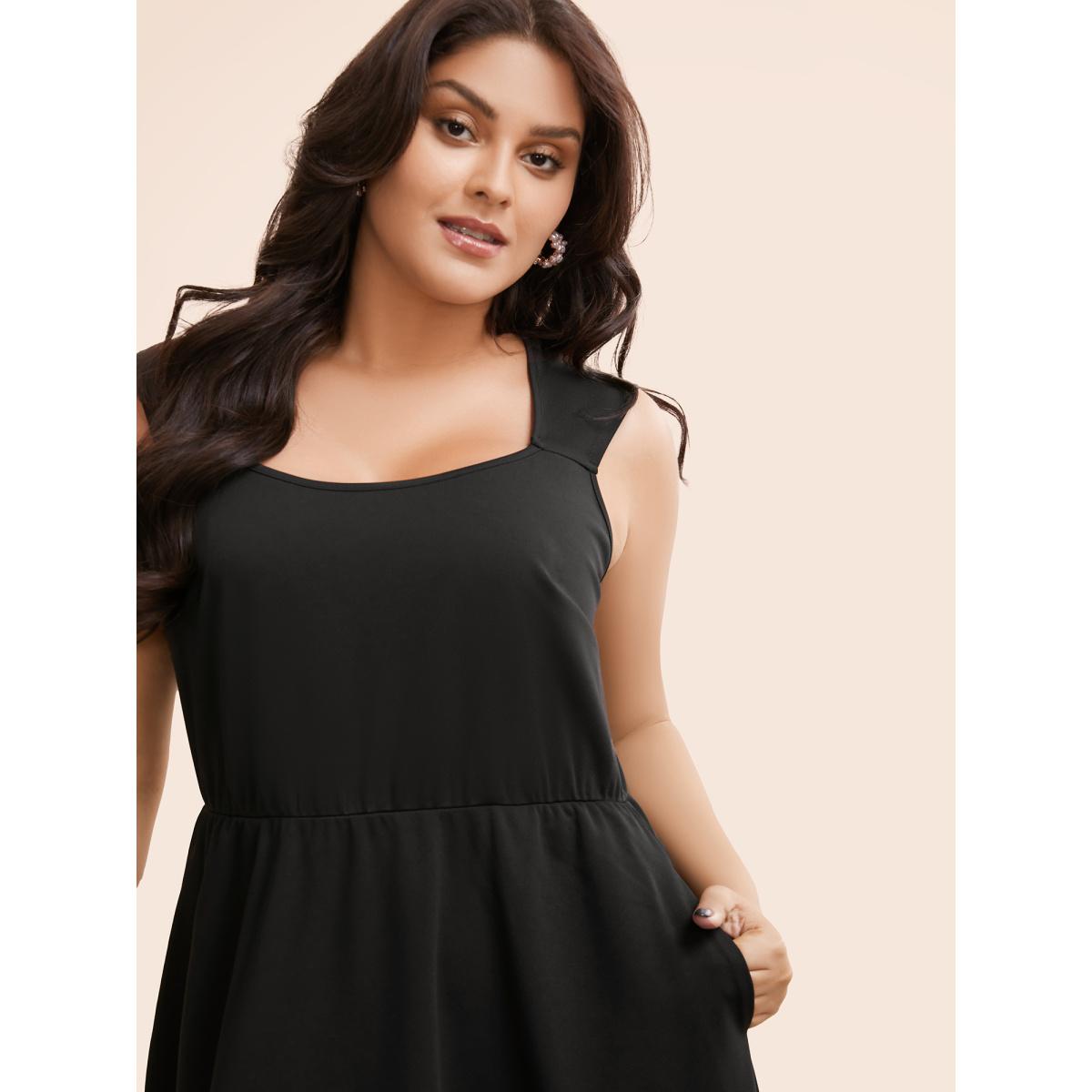 Plus Size Plain Elastic Waist Midi Tank Dress Black Women Elegant Non Square Neck Sleeveless Curvy BloomChic 22-24/3X Product Image