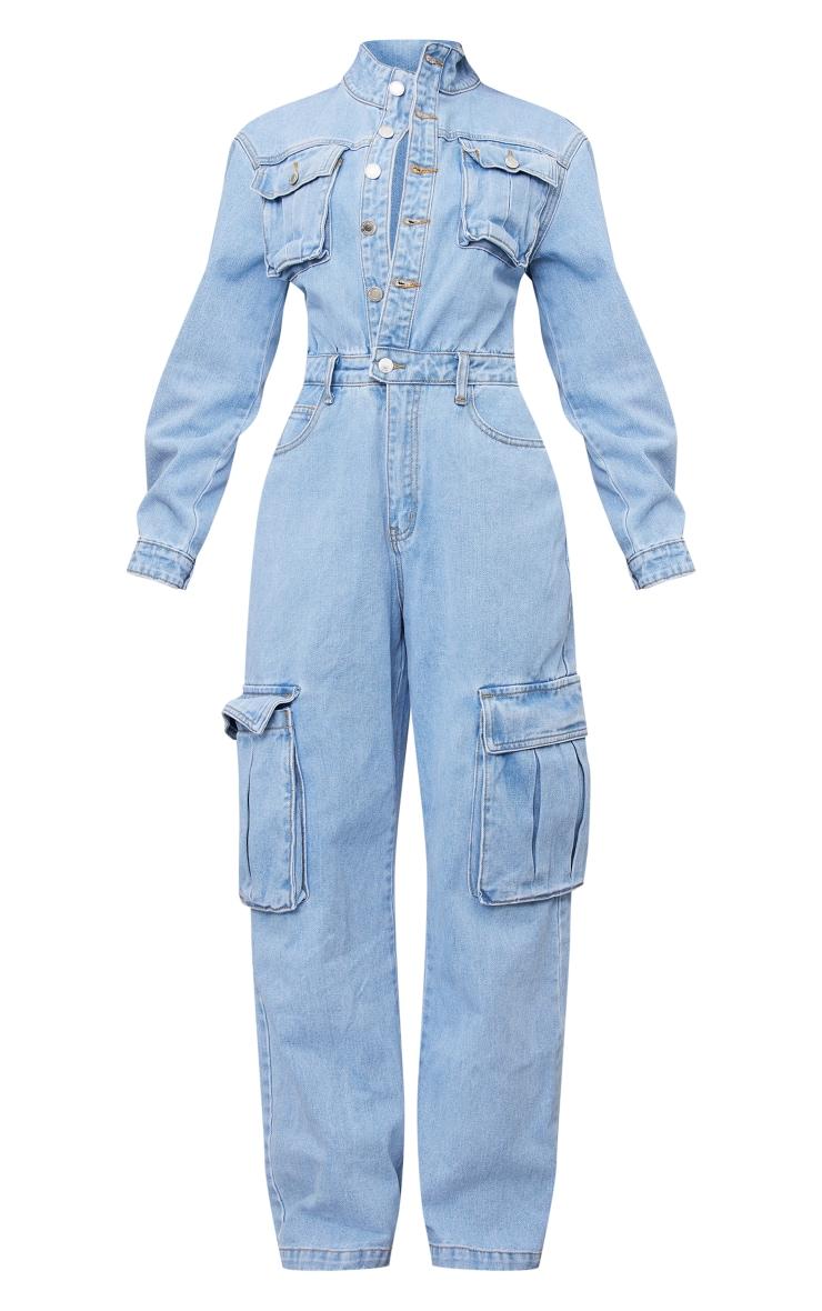 Petite Light Blue Wash Denim Cargo Wide Leg Jumpsuit Product Image