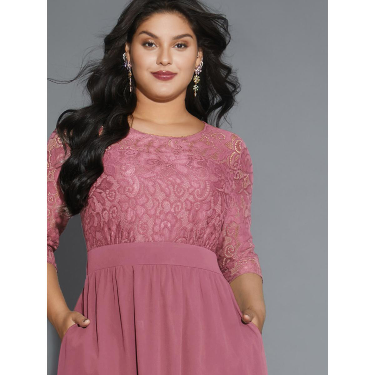 Plus Size Lace Patchwork Shirred Midi Pocket Dress Blush Women Cocktail Woven ribbon&lace trim Round Neck Elbow-length sleeve Curvy BloomChic 12/L Product Image