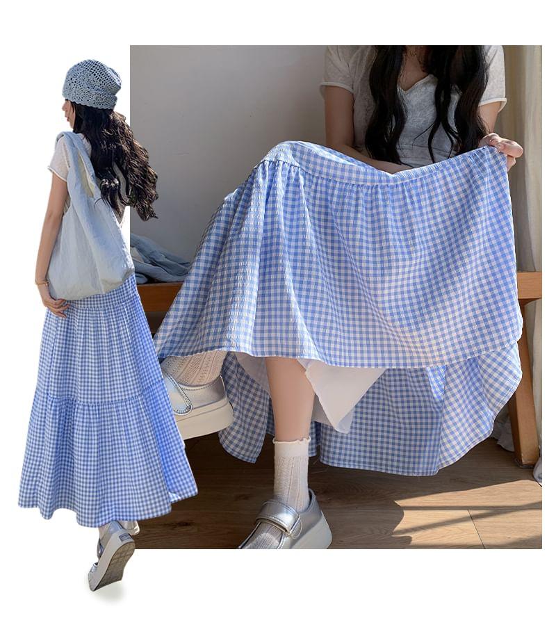 High Rise Plaid Midi A-Line Skirt Product Image