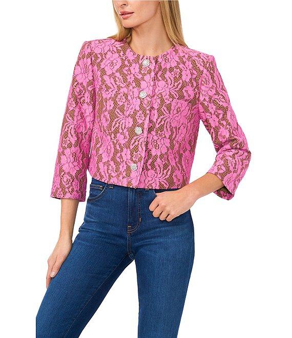 CeCe Lace Overlay Round Neck 3/4 Sleeve Cropped Button-Front Jacket Product Image