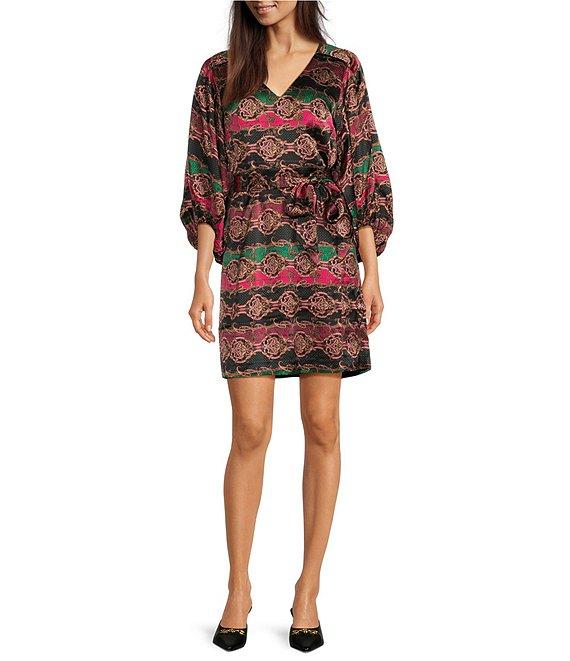 tyler boe Val Silk Charmeuse Cheetah Status Print V-Neck 3/4 Balloon Sleeve Mini Dress Product Image