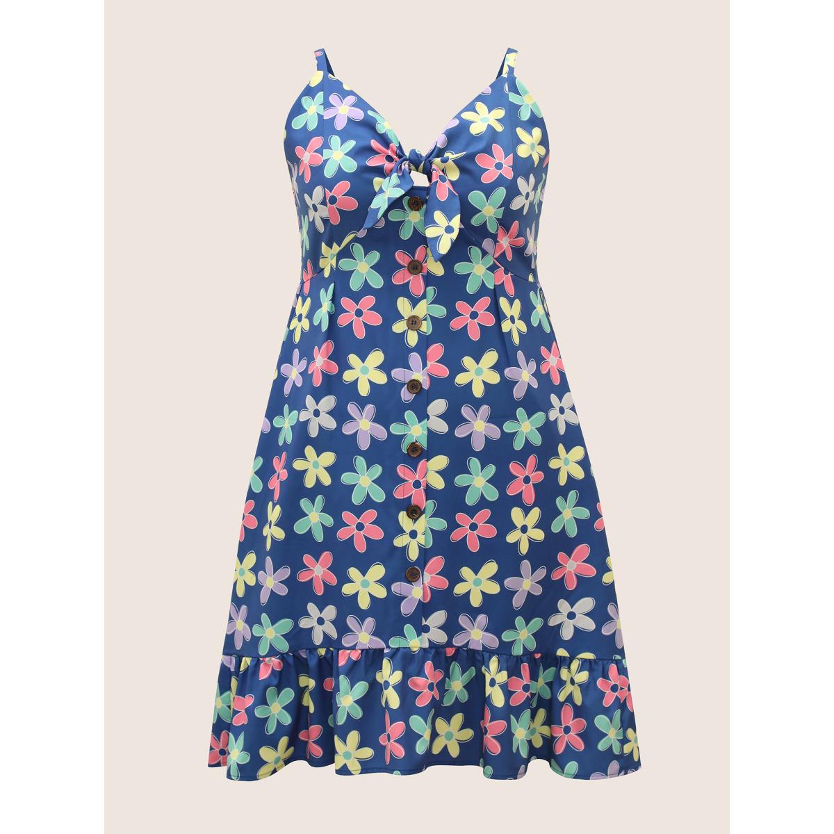 Plus Size V Neck Floral Twist Front Button Detail Dress Mediumblue Women Casual Twist V-neck Sleeveless Curvy BloomChic 18-20/2X Product Image