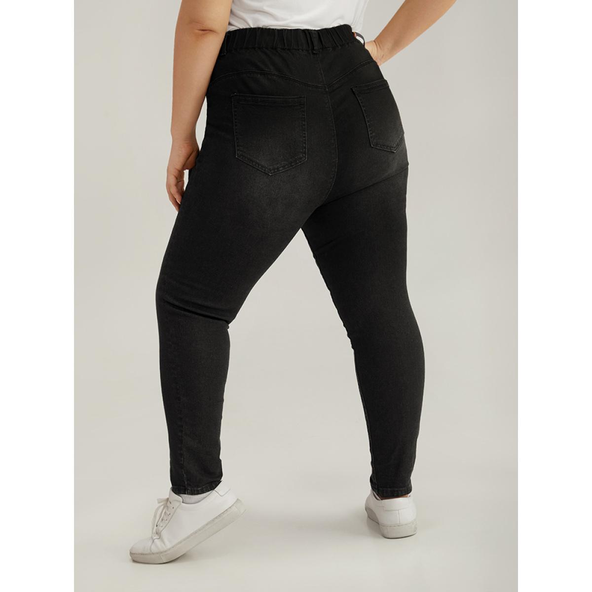 Plus Size Elastic Waist High Rise Skinny Jeans Women DarkBlue Casual Plain Non High stretch Slanted pocket Jeans BloomChic 28/5X Product Image