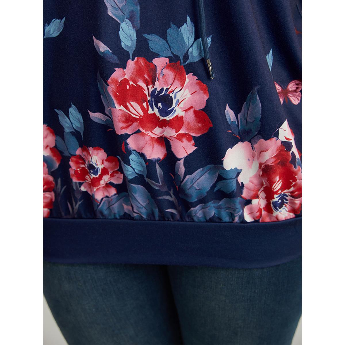 Plus Size Floral & Butterfly Print Hooded Drawstring Sweatshirt Women Multicolor Casual Printed Hooded Dailywear Sweatshirts BloomChic 12/L Product Image