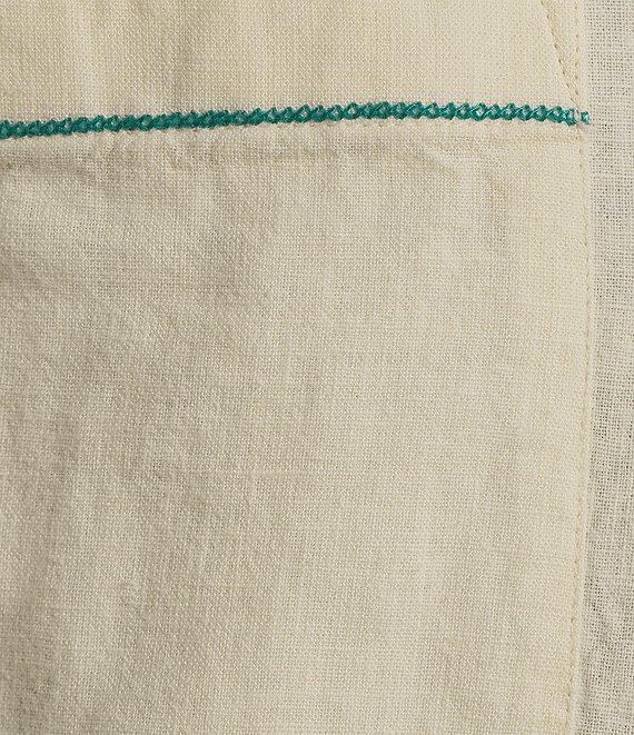 Caribbean Tropical Scenic Embroidery Linen Short Sleeve Woven Camp Shirt Product Image