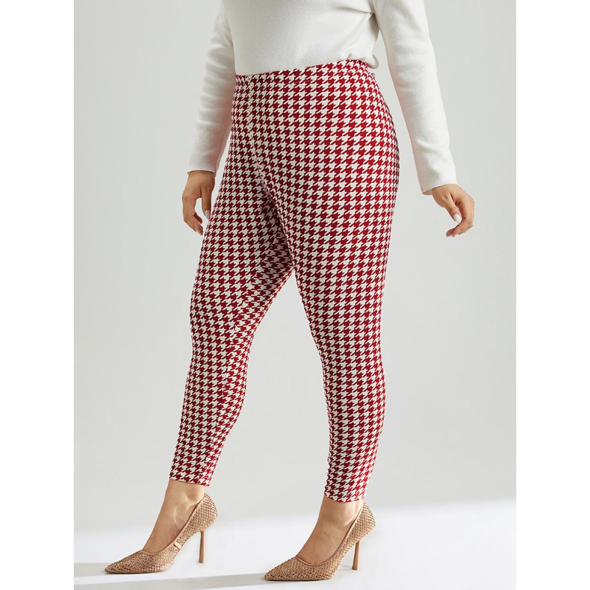 Plus Size Christmas Houndstooth Elastic Waist High Rise Leggings Women Raspberry Elegant High stretch Skinny High Rise Dailywear Leggings BloomChic 26/4X Product Image