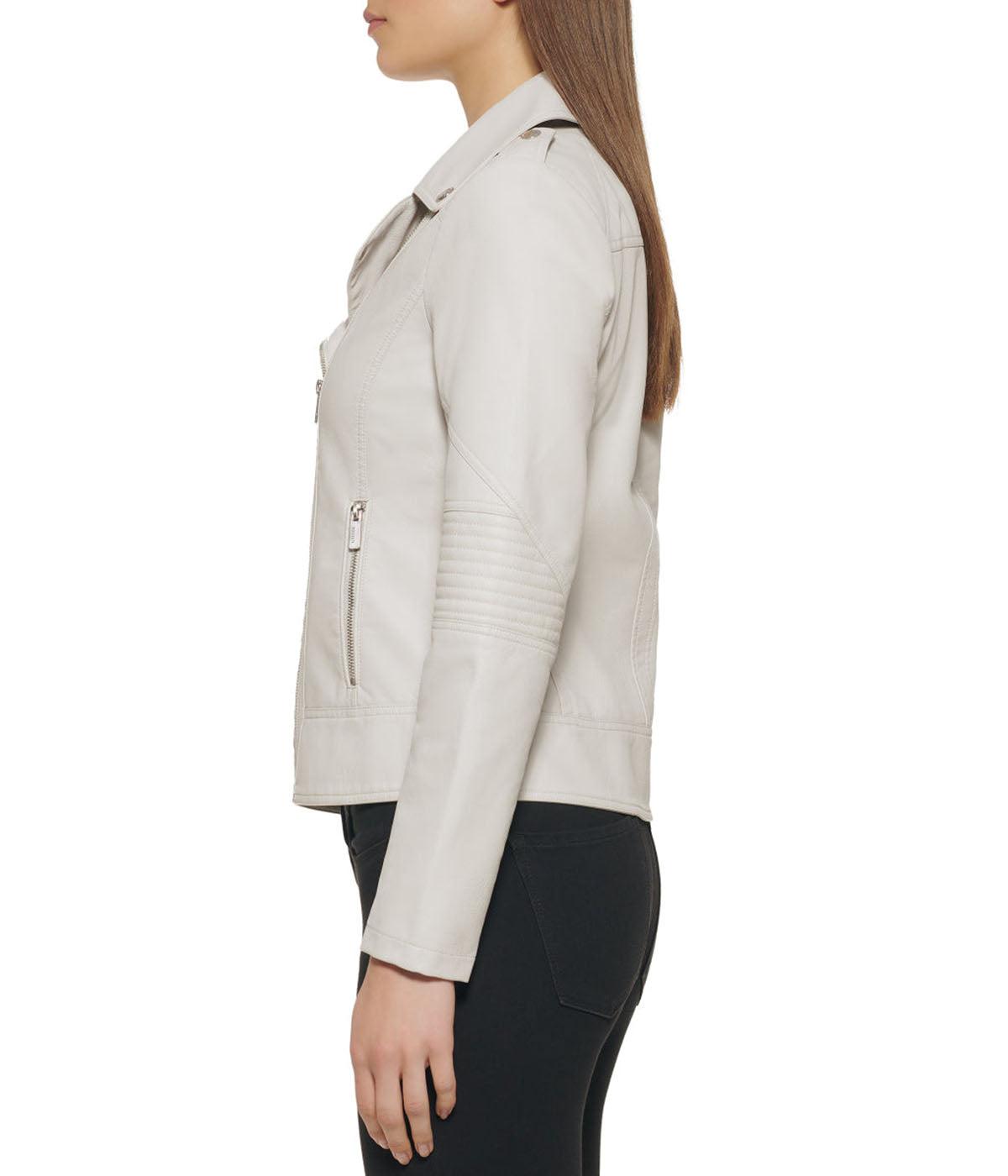 Faux Leather Asymmetrical Moto Jacket Stone Product Image