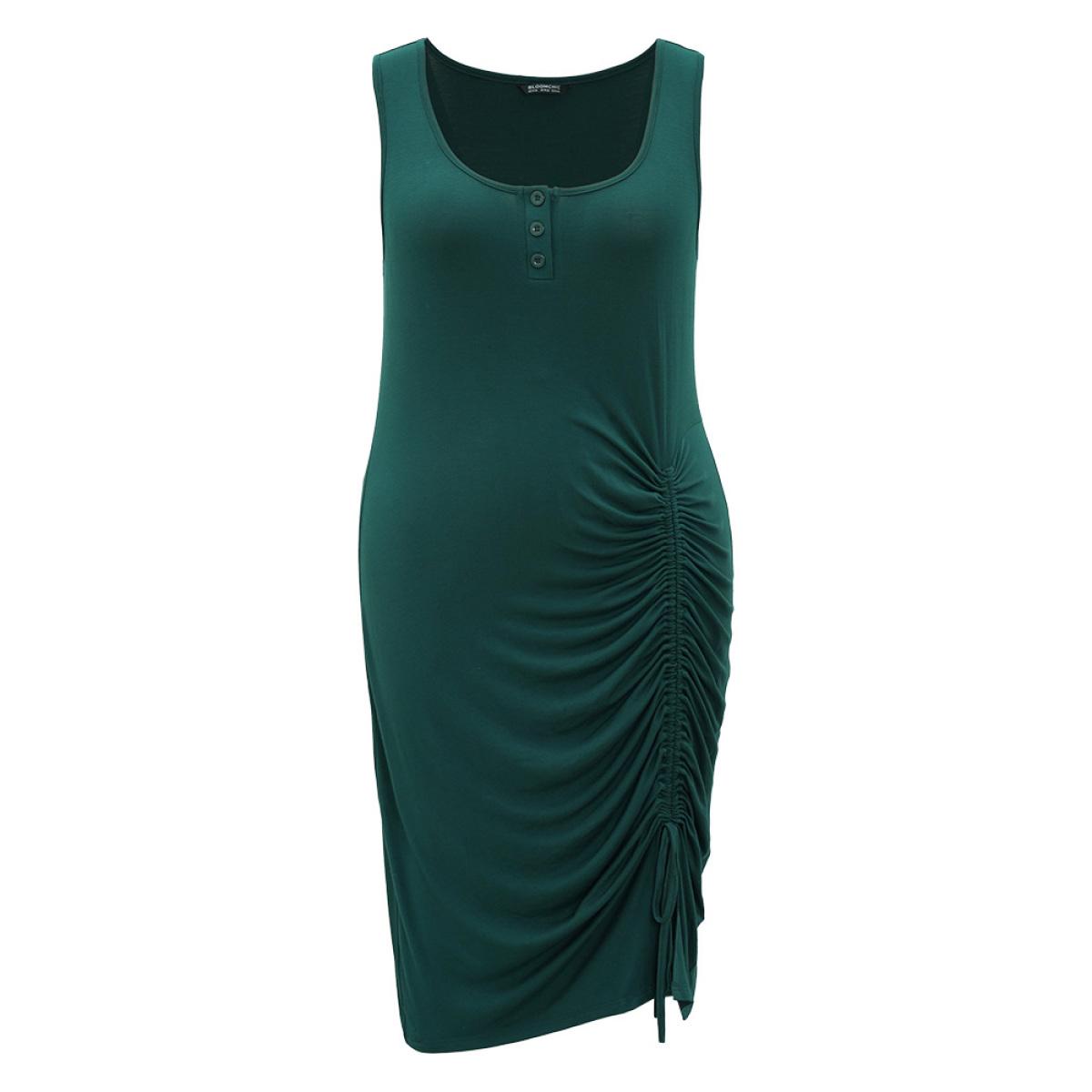 Plus Size Supersoft Essentials Plain Button Up Drawstring Hem Tank Dress DarkGreen Women Casual Plain Spaghetti Strap Sleeveless Curvy Midi Dress BloomChic 18-20/2X Product Image
