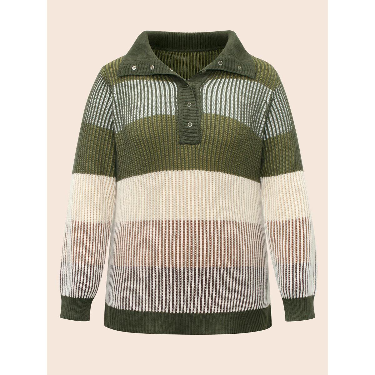 Plus Size Polo Neck Texture Contrast Button Up Pullover ArmyGreen Women Casual Loose Long Sleeve Polo Everyday Pullovers BloomChic 26/4X Product Image