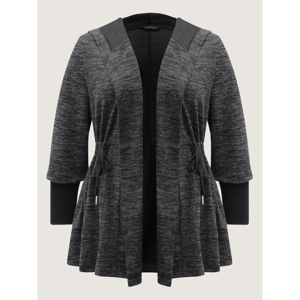 Plus Size Channel Drawstring Contrast Hooded Jacket Women Black Contrast Patch pocket Casual Jackets BloomChic 18-20/2X Product Image